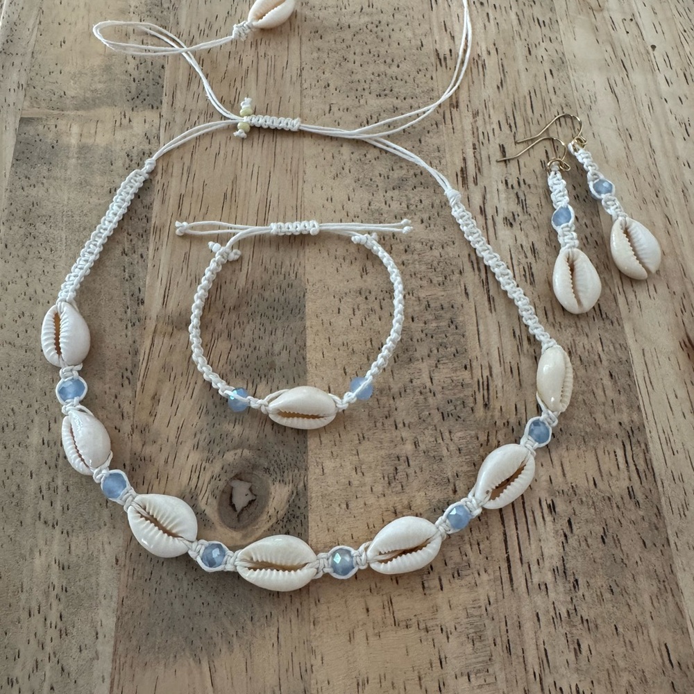 Cowrie Shell Choker, Bracelet, Earrings Jewelry Set